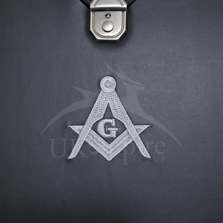 Masonic Apron Master Mason Case Black Leather Single Handle – Silver Embroidery