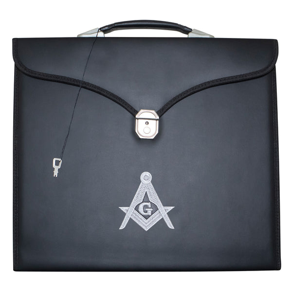 Masonic Apron Master Mason Case Black Leather Single Handle – Silver Embroidery