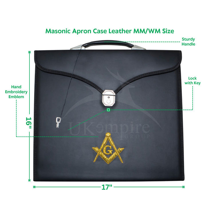Masonic Master Mason Apron Case Black Leather Single Handle – Gold Hand Emb