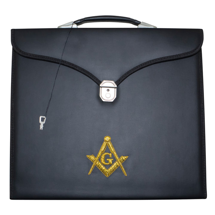 Masonic Master Mason Apron Case Black Leather Single Handle – Gold Hand Emb