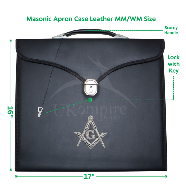 Masonic Master Mason Apron Case Black Leather Single Handle – Silver Hand Emb