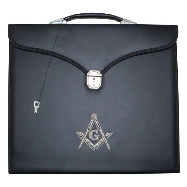 Masonic Master Mason Apron Case Black Leather Single Handle – Silver Hand Emb