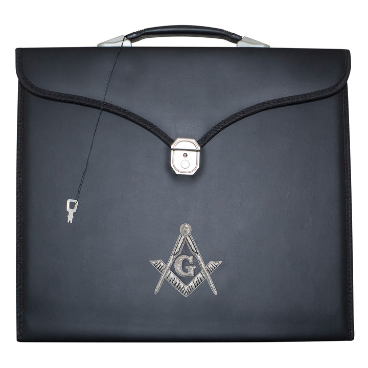 Masonic Master Mason Apron Case Black Leather Single Handle – Silver Hand Emb