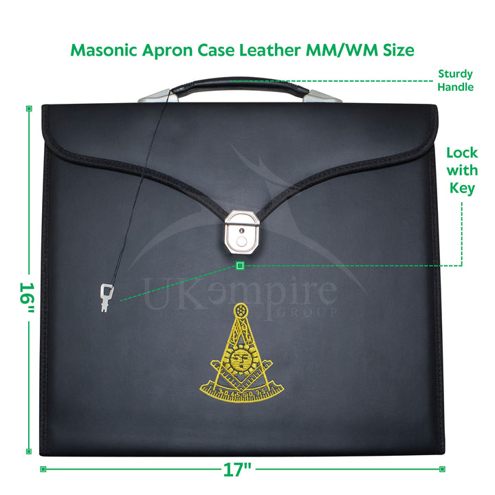 Masonic Apron Past Master Case Black Leather Single Handle – Gold Embroidery