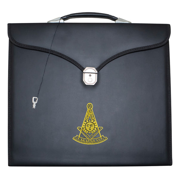 Masonic Apron Past Master Case Black Leather Single Handle – Gold Embroidery
