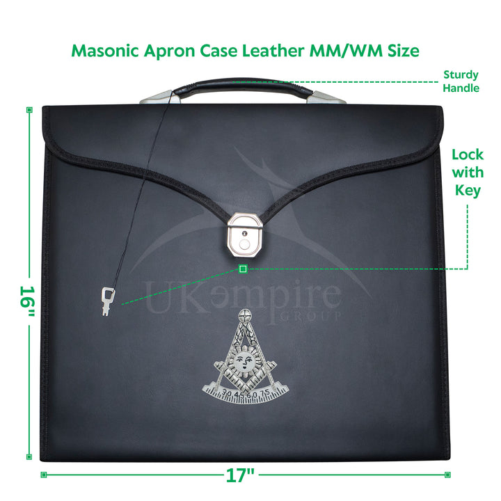 Masonic Past Master Apron Case Black Leather Single Handle – Silver Hand Emb