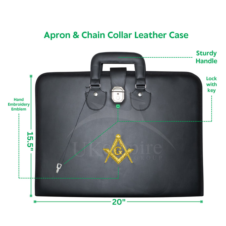 Masonic Master Mason Apron Collar Case Black Leather Double Handle – Gold Hand Emb