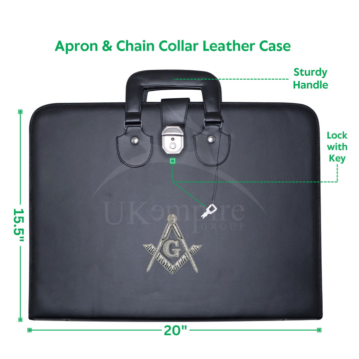 Masonic Master Mason Apron Collar Case Black Leather Double Handle – Silver Hand Emb
