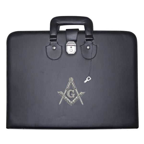 Masonic Master Mason Apron Collar Case Black Leather Double Handle – Silver Hand Emb