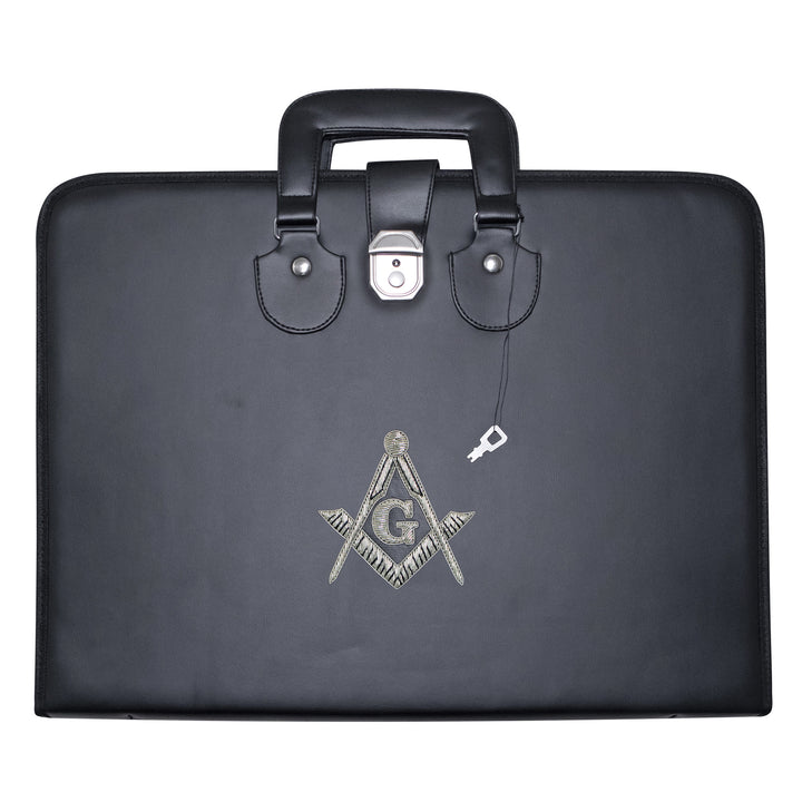 Masonic Master Mason Apron Collar Case Black Leather Double Handle – Silver Hand Emb
