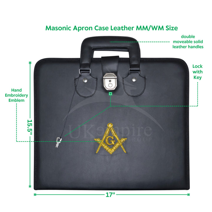 Masonic Master Mason Apron Case Black Leather Double Handle – Gold Hand Emb