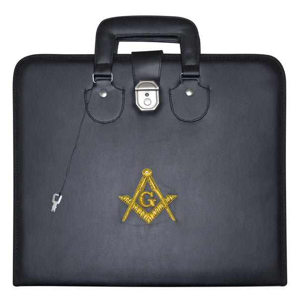 Masonic Master Mason Apron Case Black Leather Double Handle – Gold Hand Emb