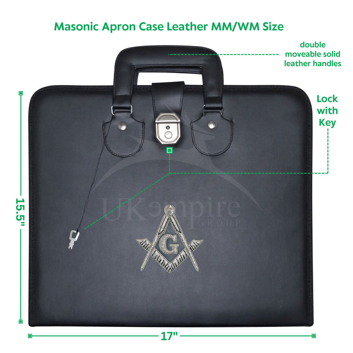 Masonic Master Mason Apron Case Black Leather Double Handle – Silver Hand Emb