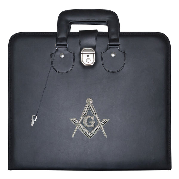 Masonic Master Mason Apron Case Black Leather Double Handle – Silver Hand Emb