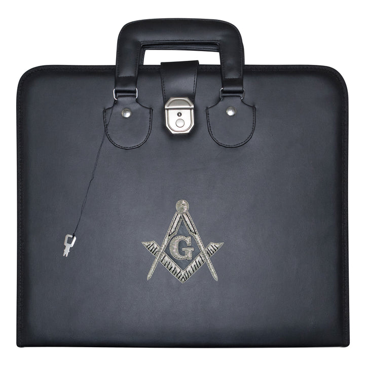 Masonic Master Mason Apron Case Black Leather Double Handle – Silver Hand Emb