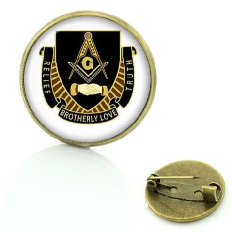 Master Mason Blue Lodge Brooch - BROTHERLY LOVE Square and Compass G Glass