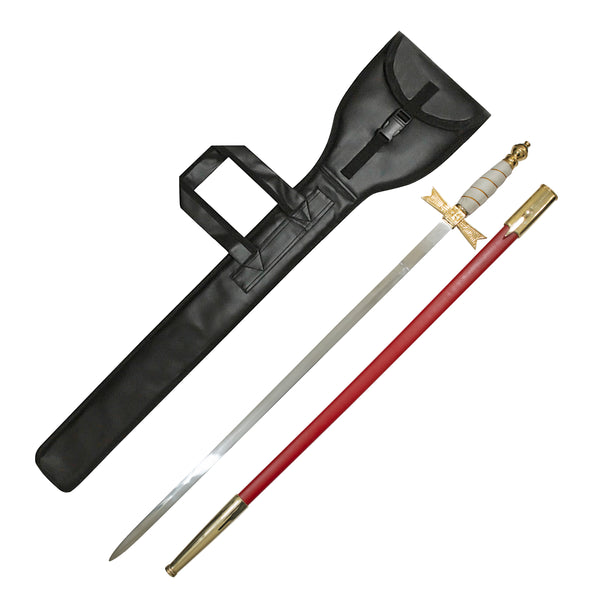 Knights Of Malta Commander Sword White Grip with Red Scabbard & Leather Case (Set of 3)