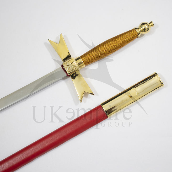 Knights Of Malta Cross Sword Brown Grip with Red Scabbard & Leather Case (Set of 3)-3