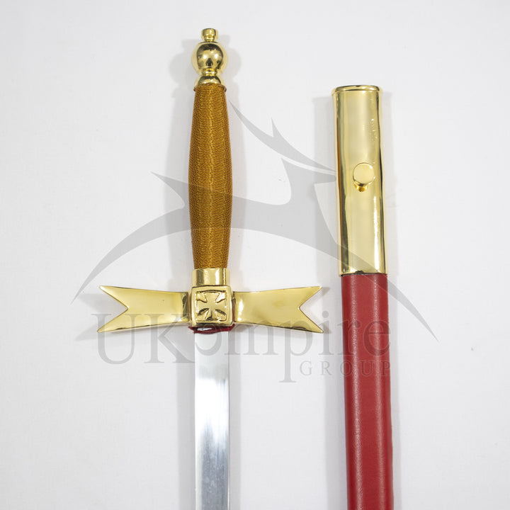 Knights Of Malta Cross Sword Brown Grip with Red Scabbard & Leather Case (Set of 3)