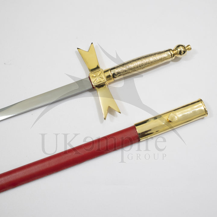Knights Of Malta Cross Sword Gold Hilt Red Scabbard & Leather Case (Set of 3)-3