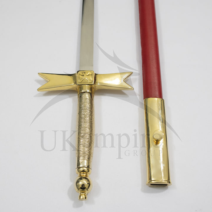 Knights Of Malta Cross Sword Gold Hilt Red Scabbard & Leather Case (Set of 3)-4
