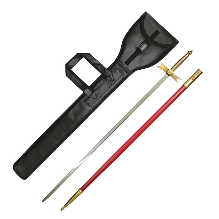 Knights Of Malta Cross Sword Gold Hilt Red Scabbard & Leather Case (Set of 3)