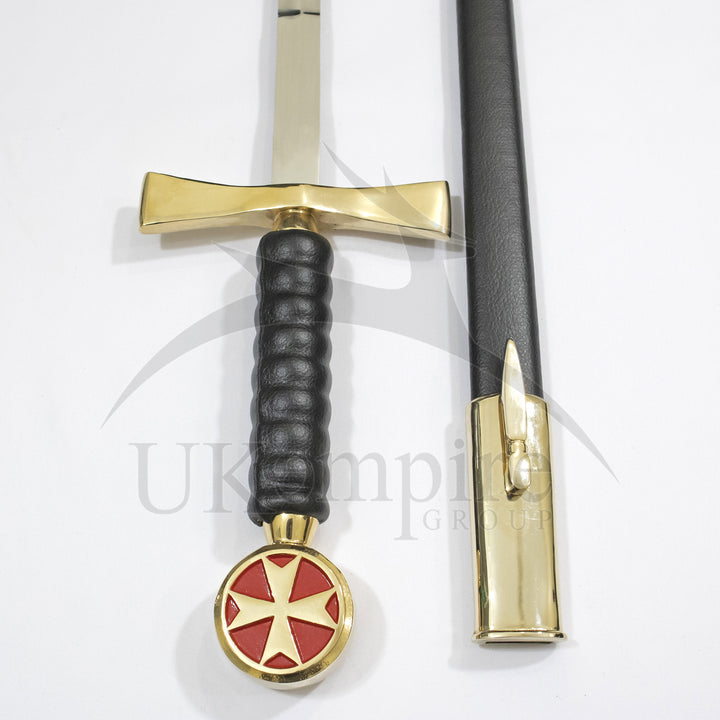 Knights Templar Cross Sword Black Grip with Scabbard & Leather Case (Set of 3)-4