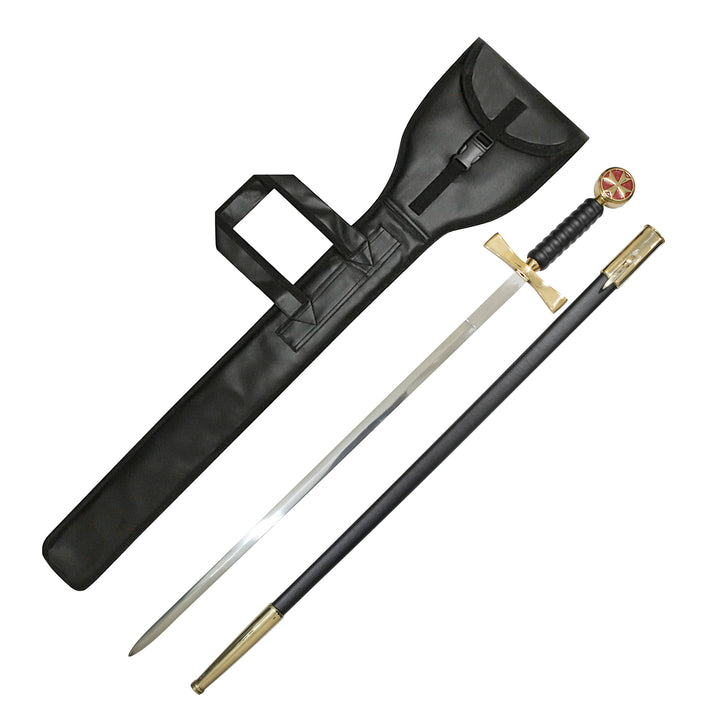 Knights Templar Cross Sword Black Grip with Scabbard & Leather Case (Set of 3)