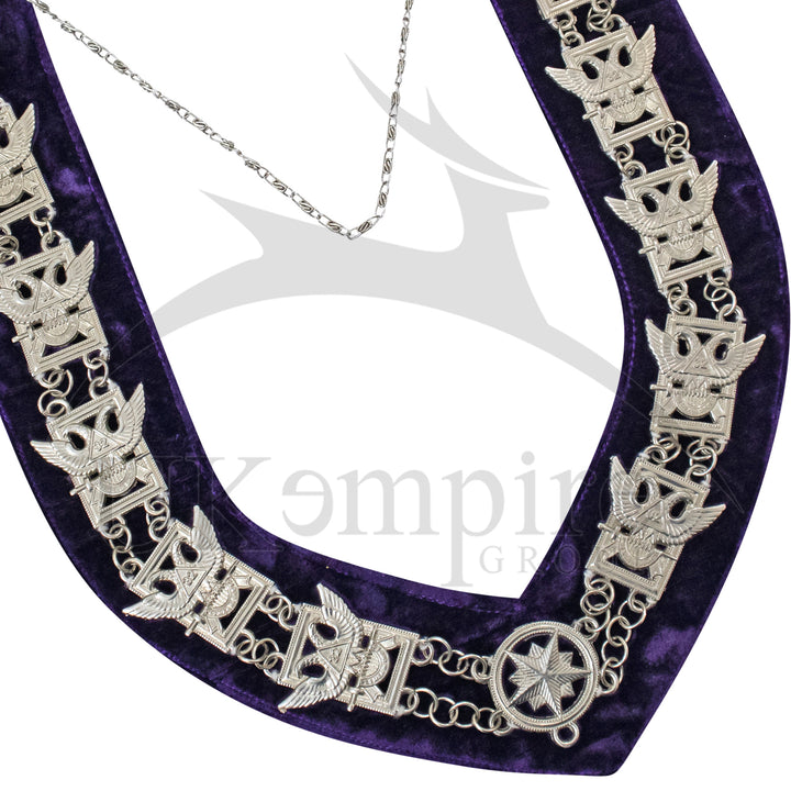 Masonic 32nd Degree Scottish Rite Chain Collar (Wings Up) Purple Velvet Silver