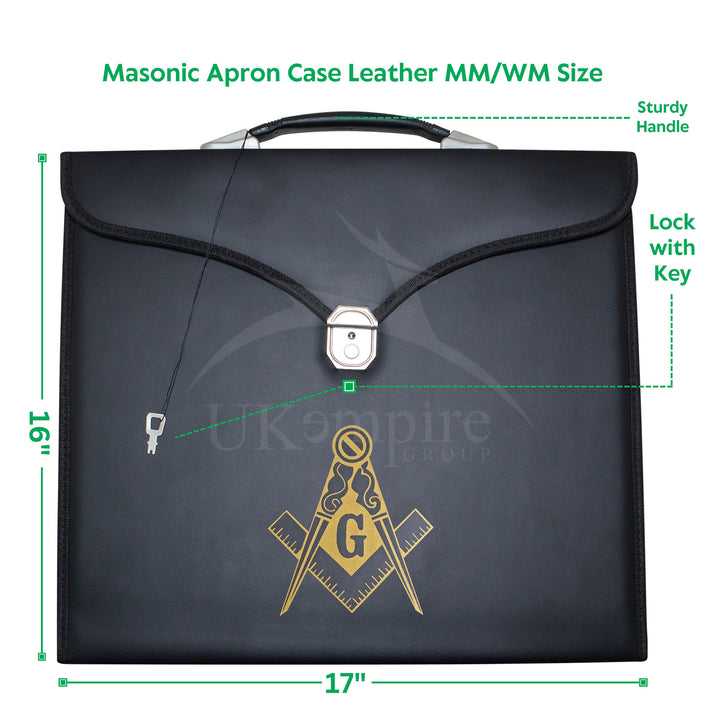 Masonic Apron Master Mason Case Black Leather Single Handle – Gold Printed