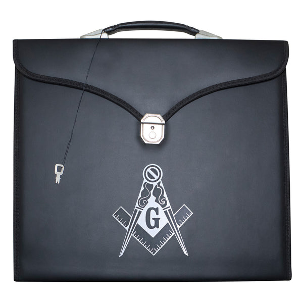 Masonic Apron Master Mason Case Black Leather Single Handle – Silver Printed