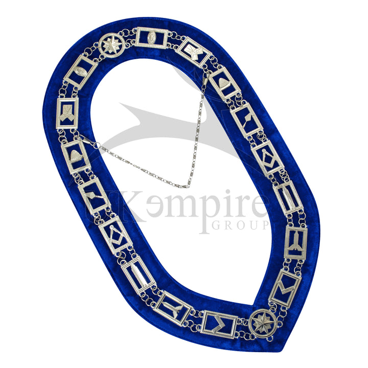 Masonic Blue Lodge Working Tools Chain Collar with Blue Velvet Silver