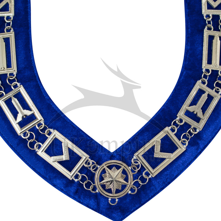 Masonic Blue Lodge Working Tools Chain Collar with Blue Velvet Silver