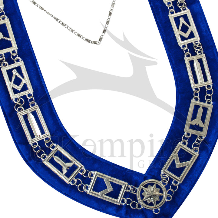 Masonic Blue Lodge Working Tools Chain Collar with Blue Velvet Silver