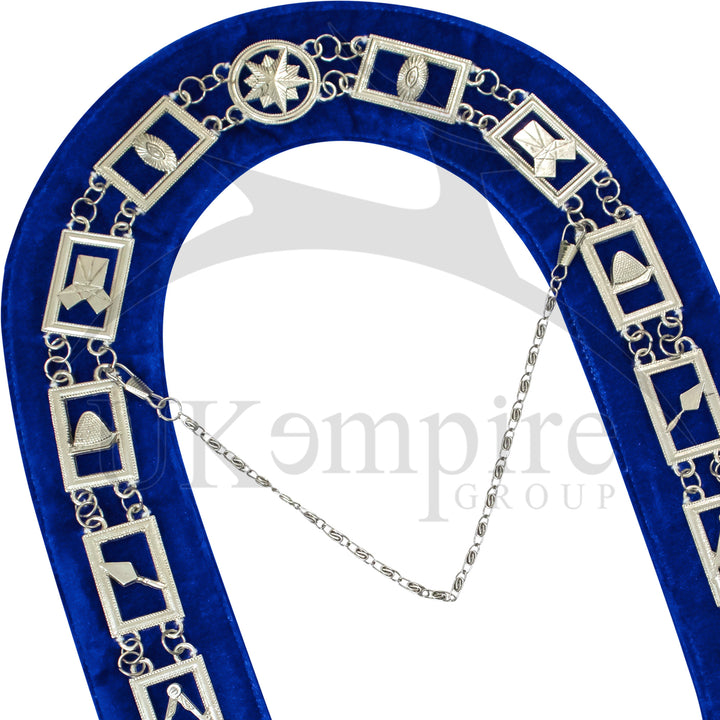 Masonic Blue Lodge Working Tools Chain Collar with Blue Velvet Silver