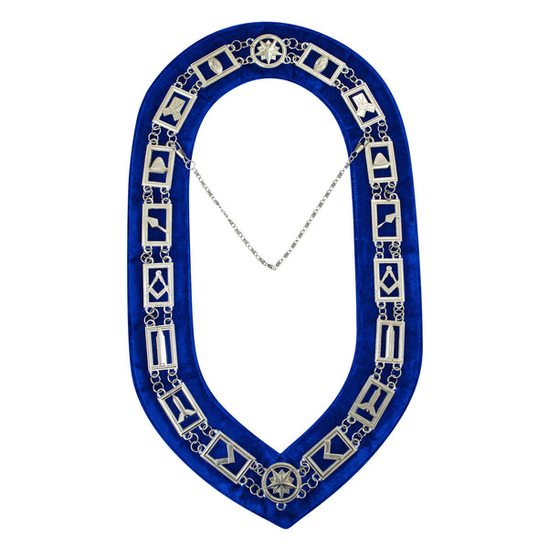 Masonic Blue Lodge Working Tools Chain Collar with Blue Velvet Silver