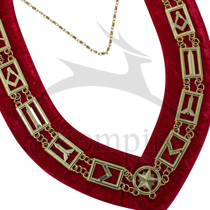 Masonic Blue Lodge Working Tools Chain Collar with Red Velvet Gold 