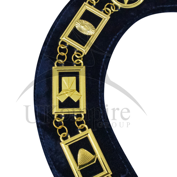 Masonic Blue Lodge Working Tools Chain Collar with Navy Velvet Gold