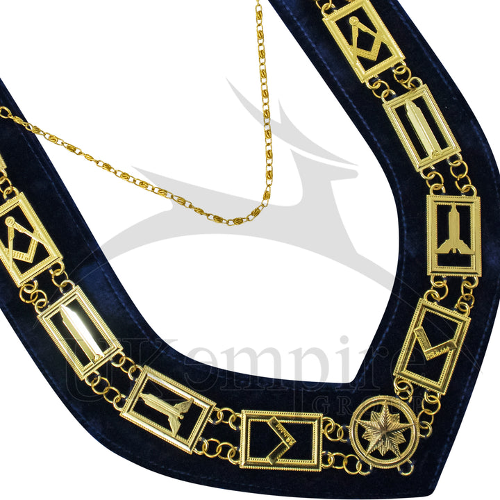Masonic Blue Lodge Working Tools Chain Collar with Navy Velvet Gold