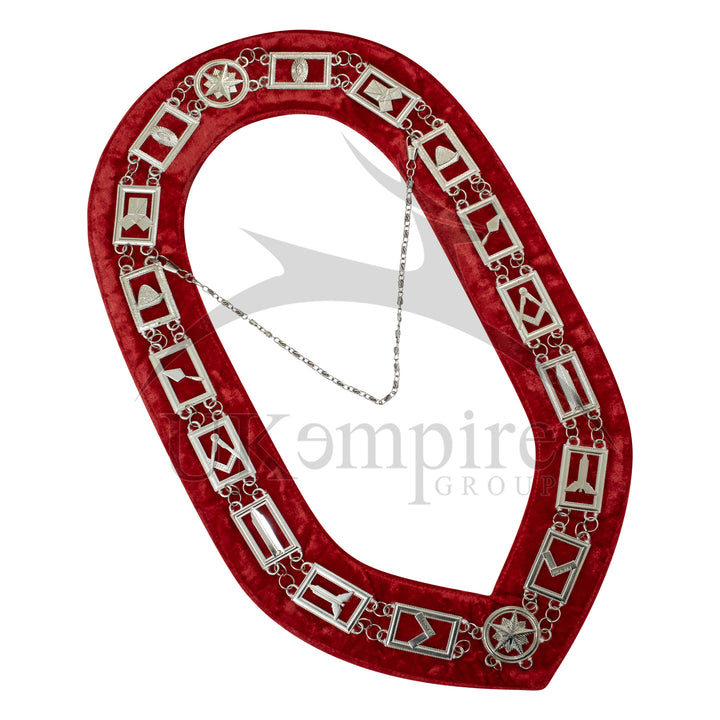 Masonic Blue Lodge Working Tools Chain Collar with Red Velvet Silver