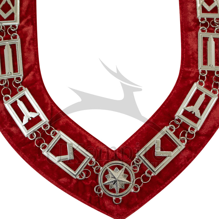 Masonic Blue Lodge Working Tools Chain Collar with Red Velvet Silver