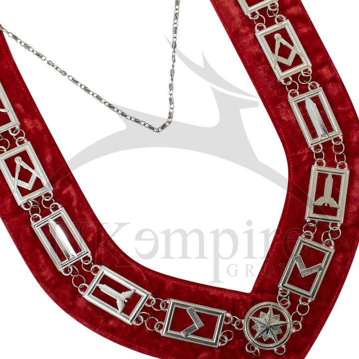 Masonic Blue Lodge Working Tools Chain Collar with Red Velvet Silver