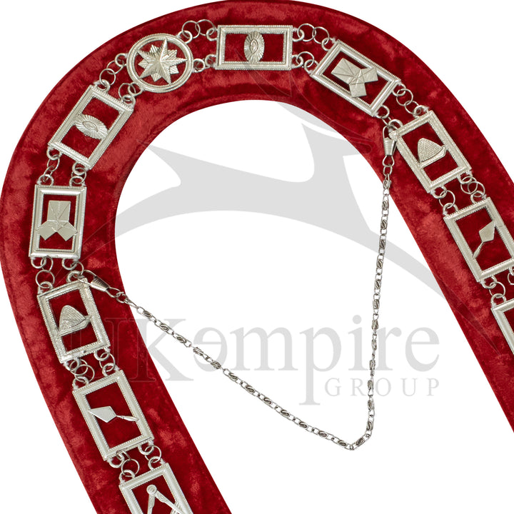 Masonic Blue Lodge Working Tools Chain Collar with Red Velvet Silver