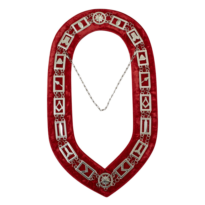 Masonic Blue Lodge Working Tools Chain Collar with Red Velvet Silver