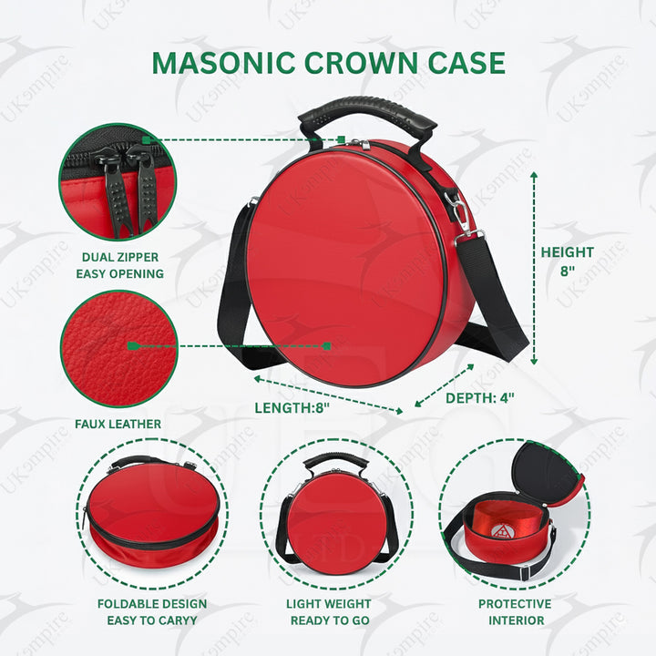 Masonic Crown Cap Case Red, Faux Leather (Foldable Design) Lightweight Easy to Carry

