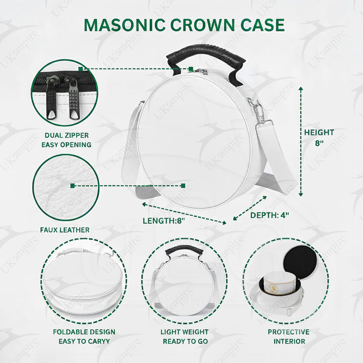 Masonic Crown Cap Case White, Faux Leather (Foldable Design) Lightweight Easy to Carry