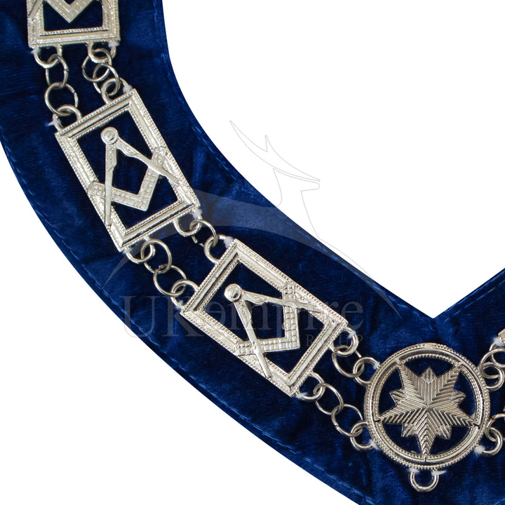 Masonic Blue Lodge Master Mason Chain Collar Blue Velvet Silver
