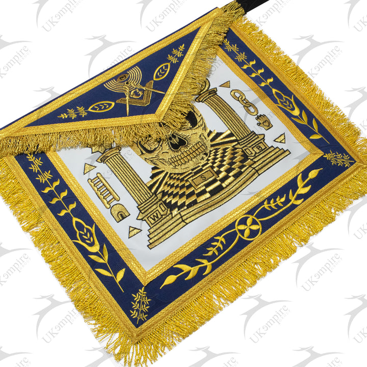 Masonic Master Mason Custom Apron With Skull, Pillars and Carpet – Navy Blue Ribbon