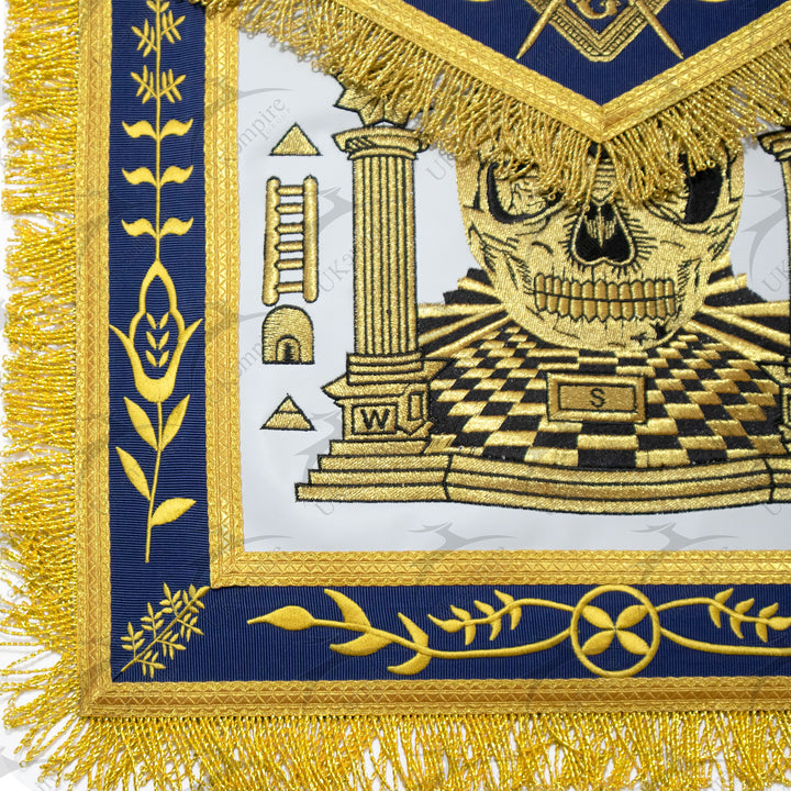 Masonic Master Mason Custom Apron With Skull, Pillars and Carpet – Navy Blue Ribbon