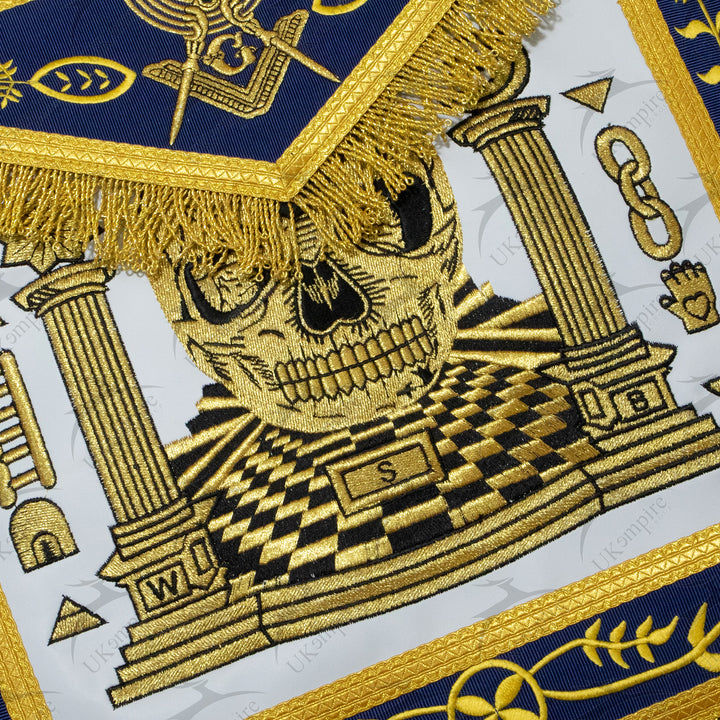 Masonic Master Mason Custom Apron With Skull, Pillars and Carpet – Navy Blue Ribbon